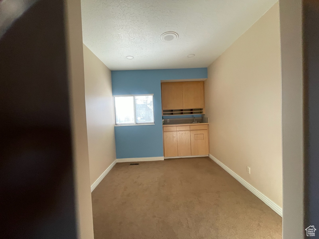 Bar area with light carpet, baseboards, and a textured ceiling