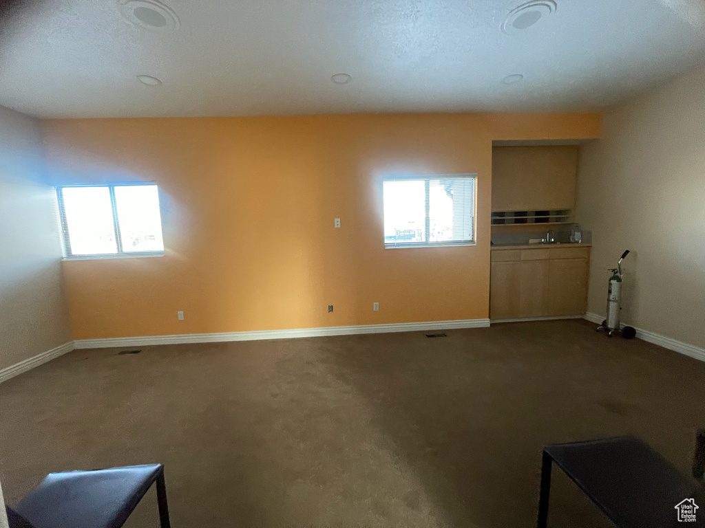 Unfurnished living room with plenty of natural light, carpet floors, and baseboards