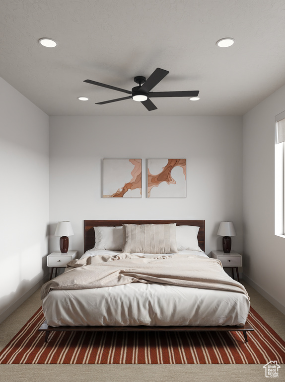 Bedroom featuring carpet, recessed lighting, a ceiling fan, and baseboards