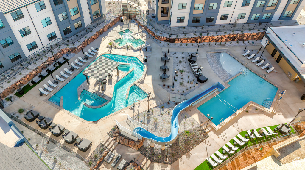 Drone / aerial view of a pool area
