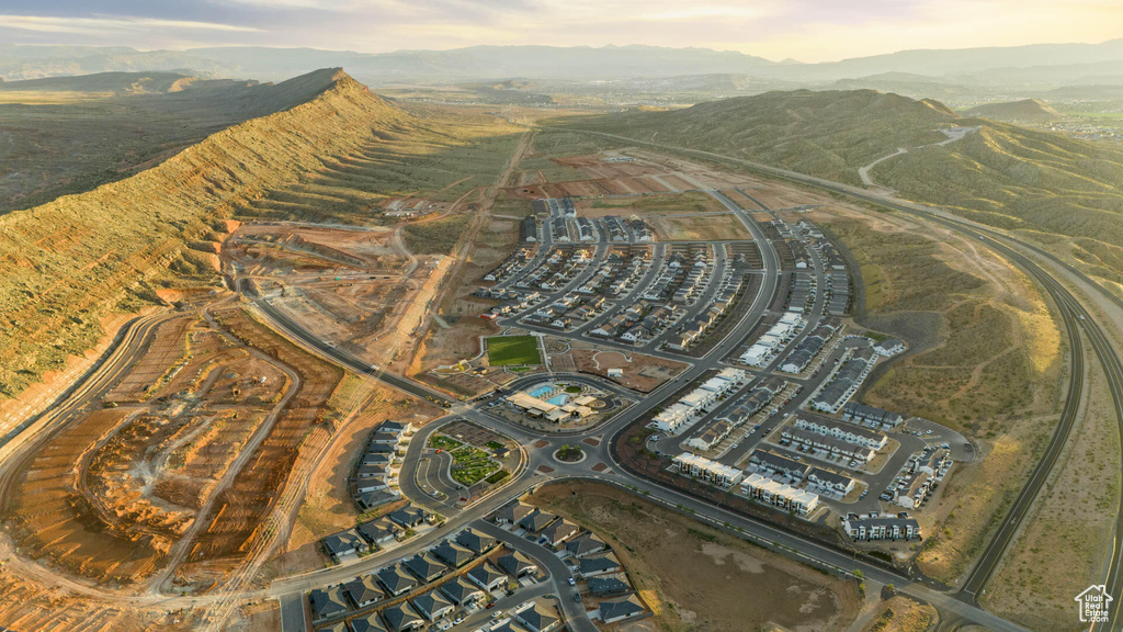 Aerial overview of property's location with a mountain backdrop