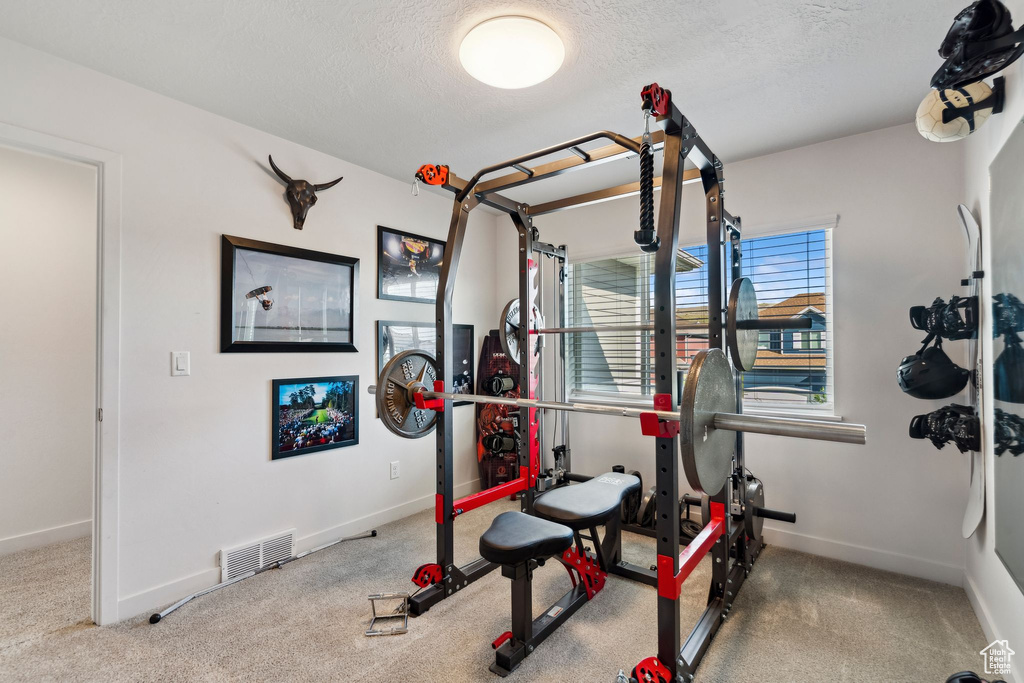 Workout room featuring a textured ceiling, carpet floors, and baseboards