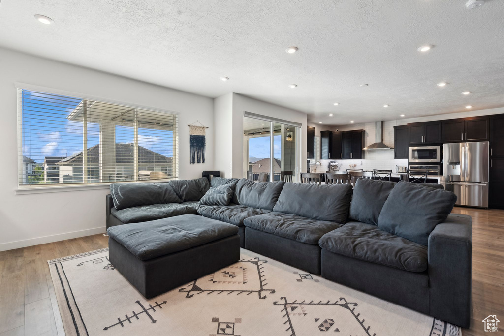 Living room featuring baseboards, healthy amount of natural light, recessed lighting, wood finished floors, and a textured ceiling