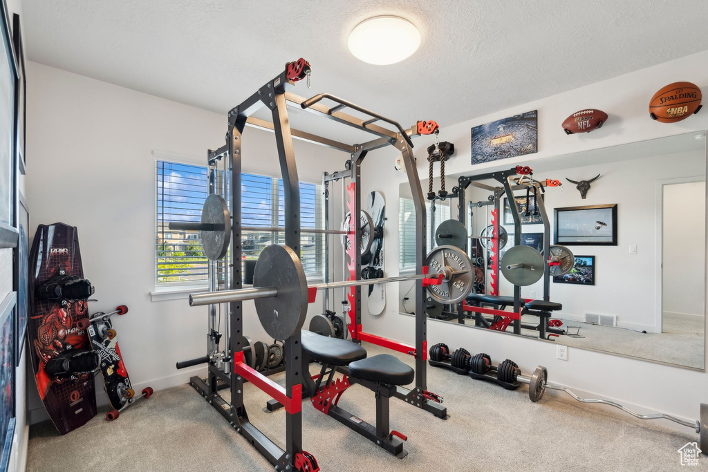 Exercise room featuring carpet floors and baseboards