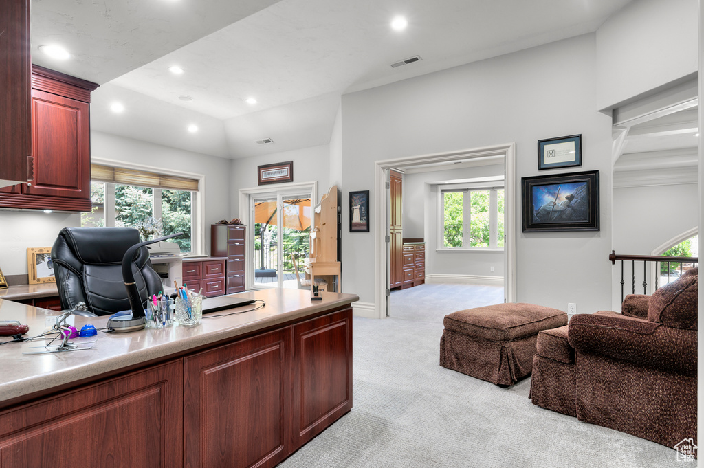 Office space with light carpet, recessed lighting, and baseboards