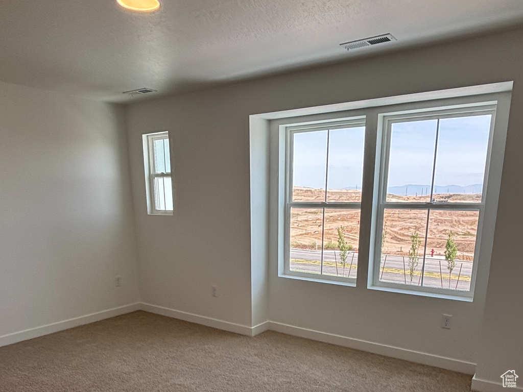 Empty room featuring light carpet and baseboards