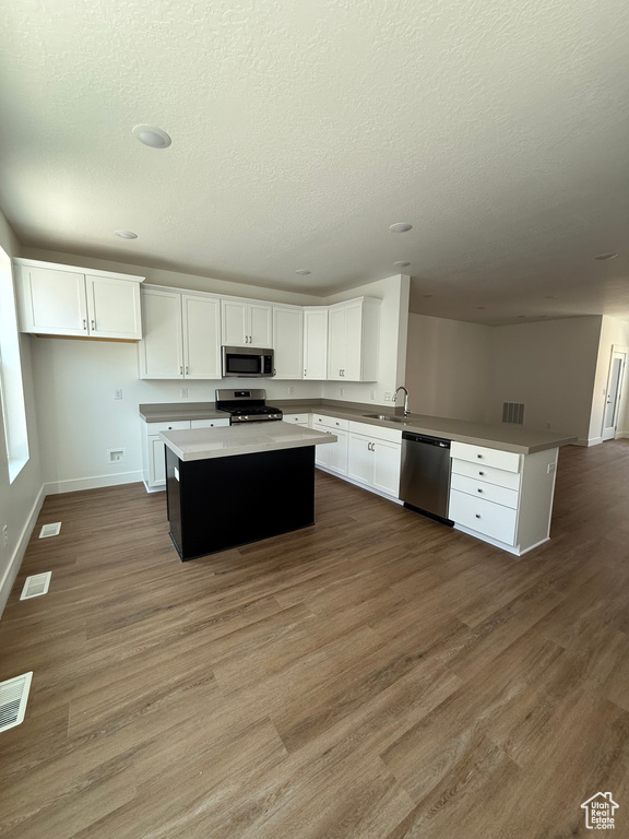 Kitchen with stainless steel appliances, a peninsula, a sink, baseboards, and white cabinets