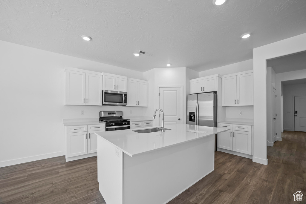 Kitchen with stainless steel appliances, a sink, white cabinetry, dark wood-type flooring, and recessed lighting