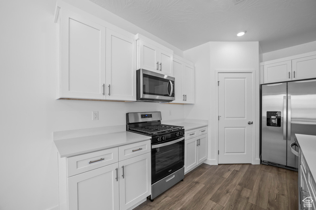 Kitchen with stainless steel appliances, white cabinetry, light countertops, dark wood-type flooring, and recessed lighting