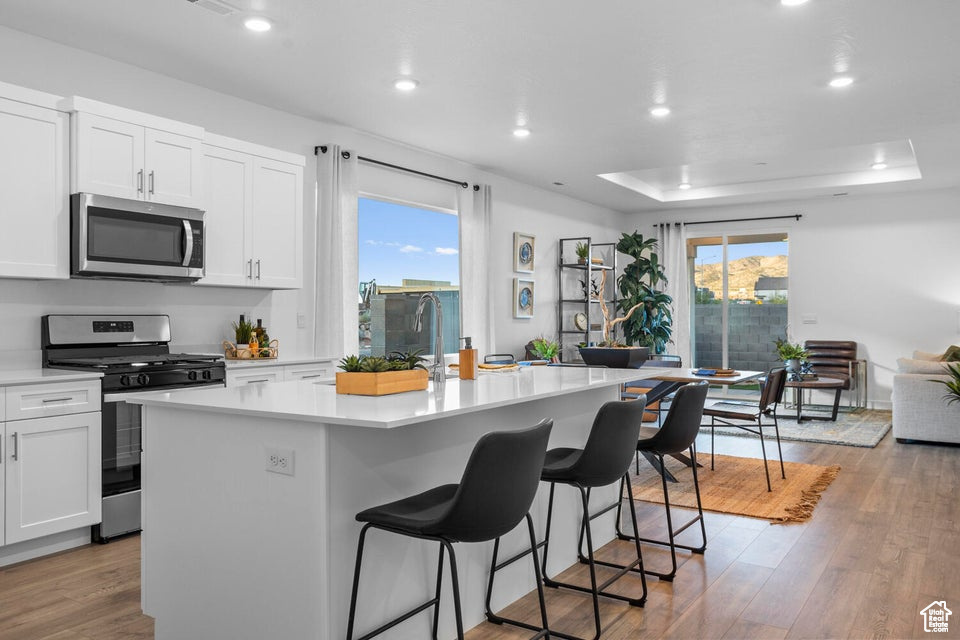 Kitchen featuring stainless steel appliances, an island with sink, a breakfast bar, wood finished floors, and recessed lighting