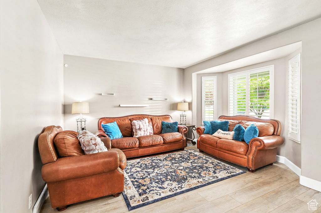 Living area with light wood-type flooring and baseboards