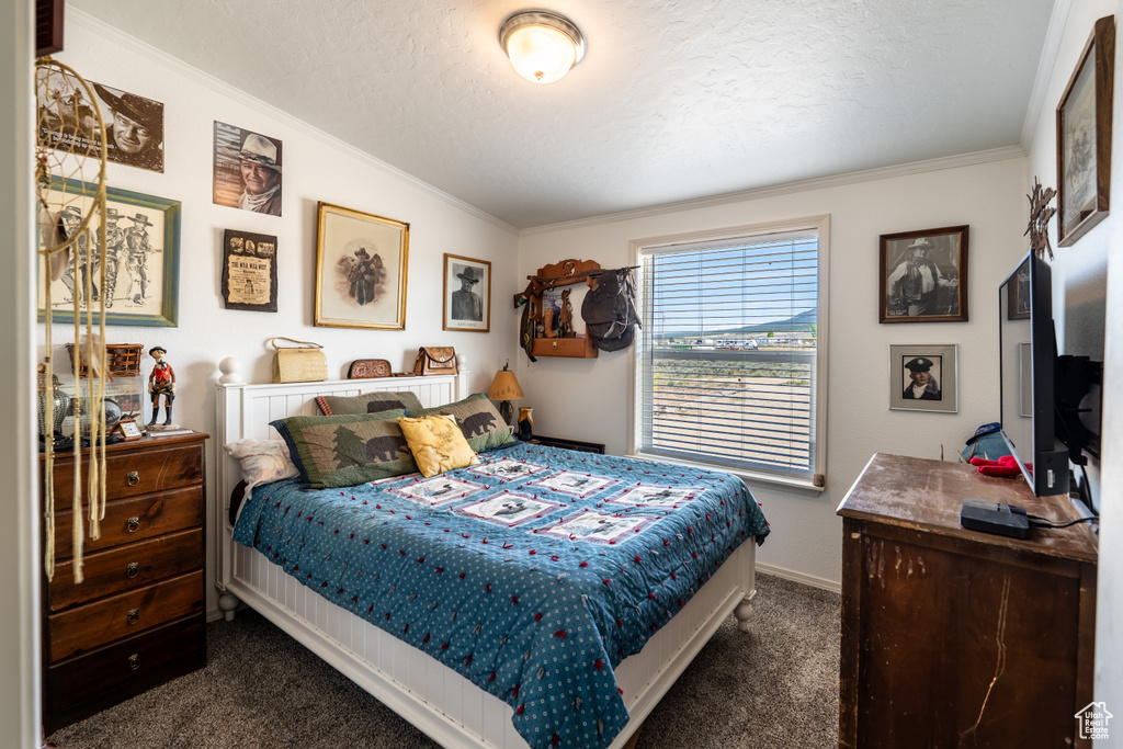 Bedroom featuring dark carpet, ornamental molding, a textured ceiling, and baseboards