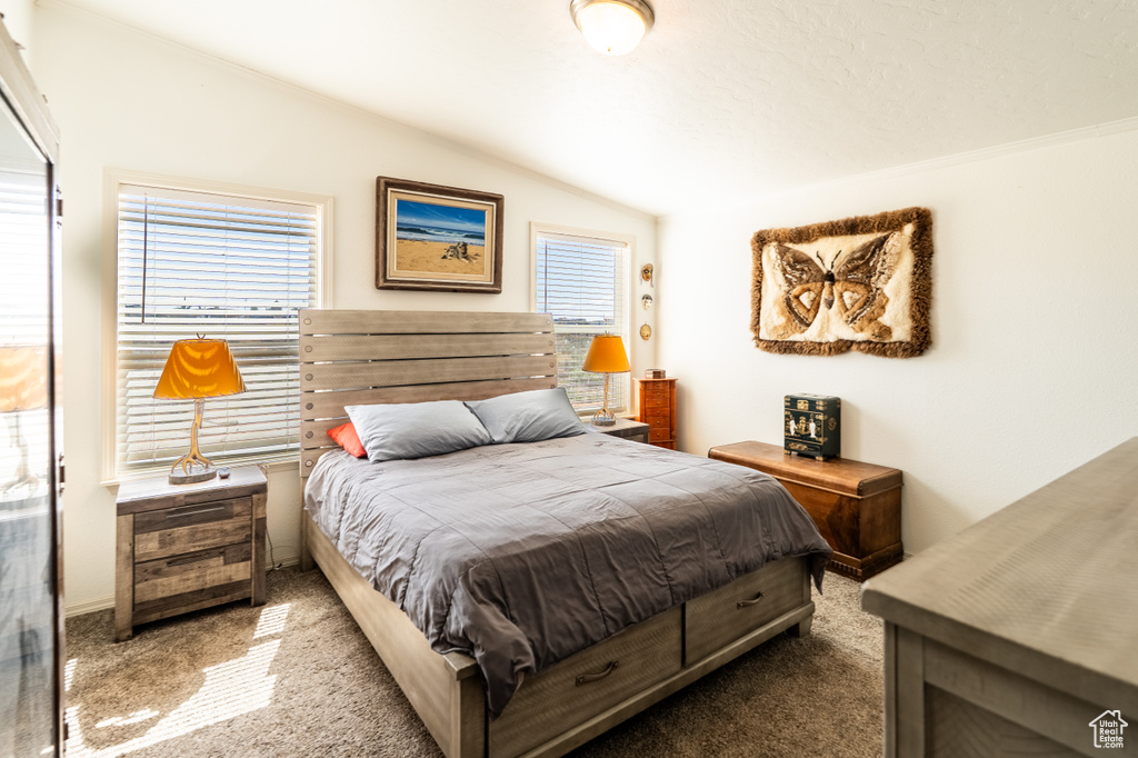 Bedroom featuring carpet flooring, lofted ceiling, and crown molding