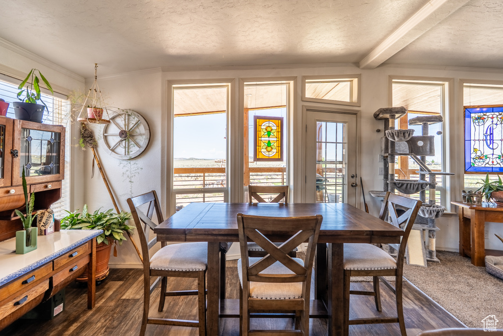 Dining area featuring beamed ceiling, a textured ceiling, baseboards, dark wood-style floors, and crown molding