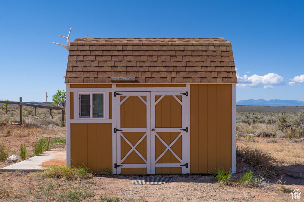 View of shed featuring a mountain view