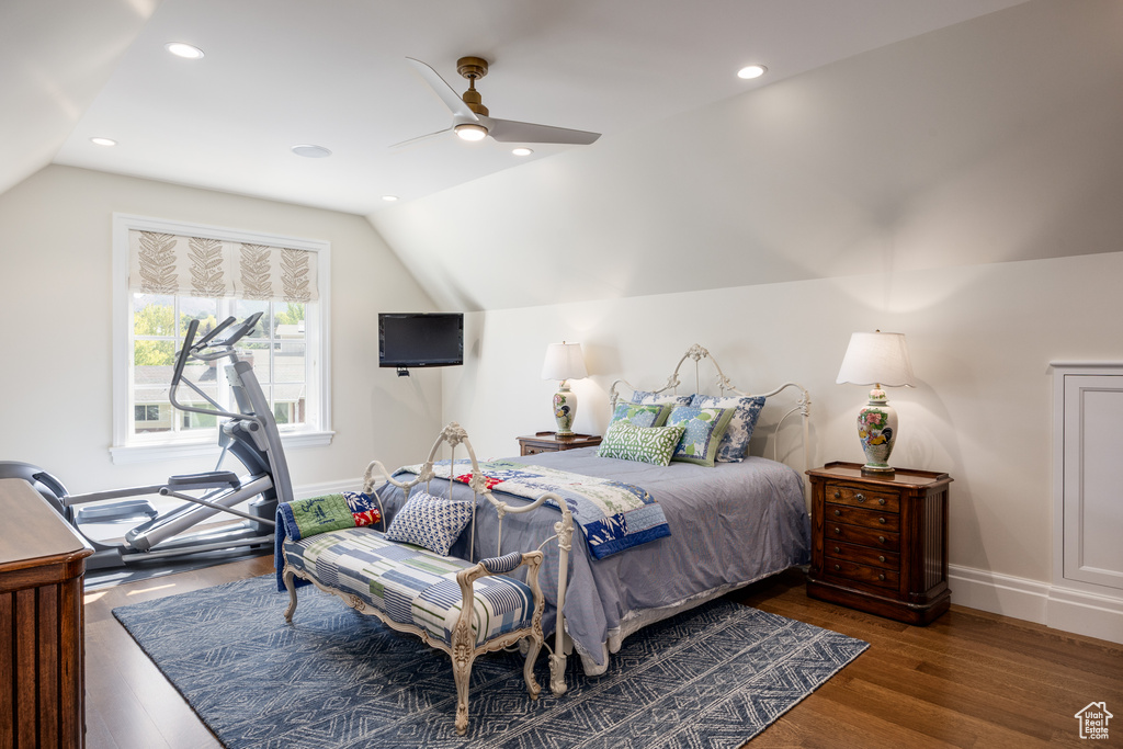 Bedroom with vaulted ceiling, baseboards, wood finished floors, ceiling fan, and recessed lighting