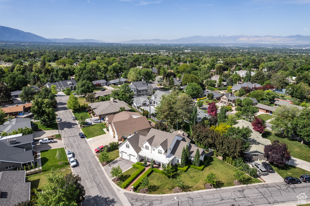 Aerial perspective of suburban area featuring mountains