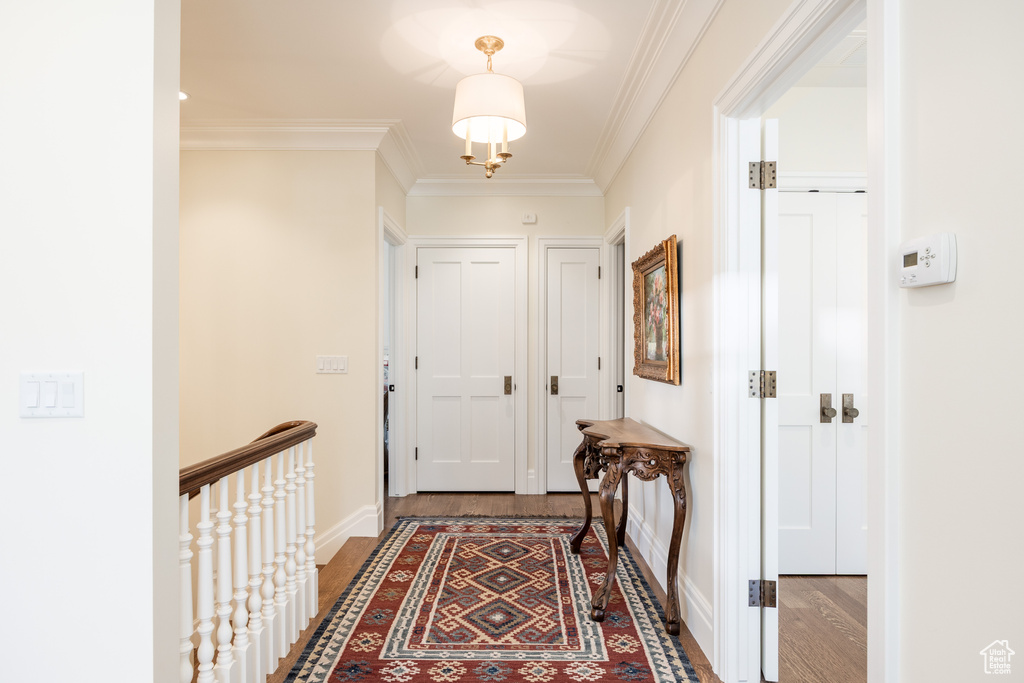 Hall featuring wood finished floors, ornamental molding, baseboards, and an upstairs landing