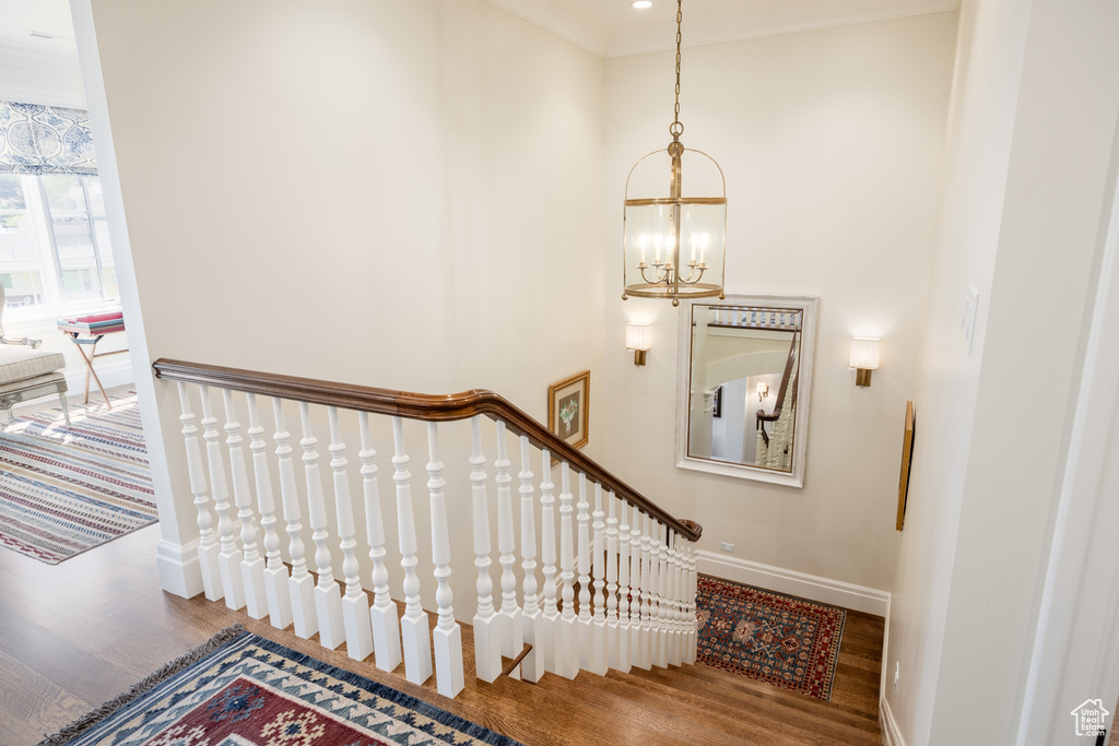 Stairs featuring wood finished floors, a chandelier, baseboards, and crown molding