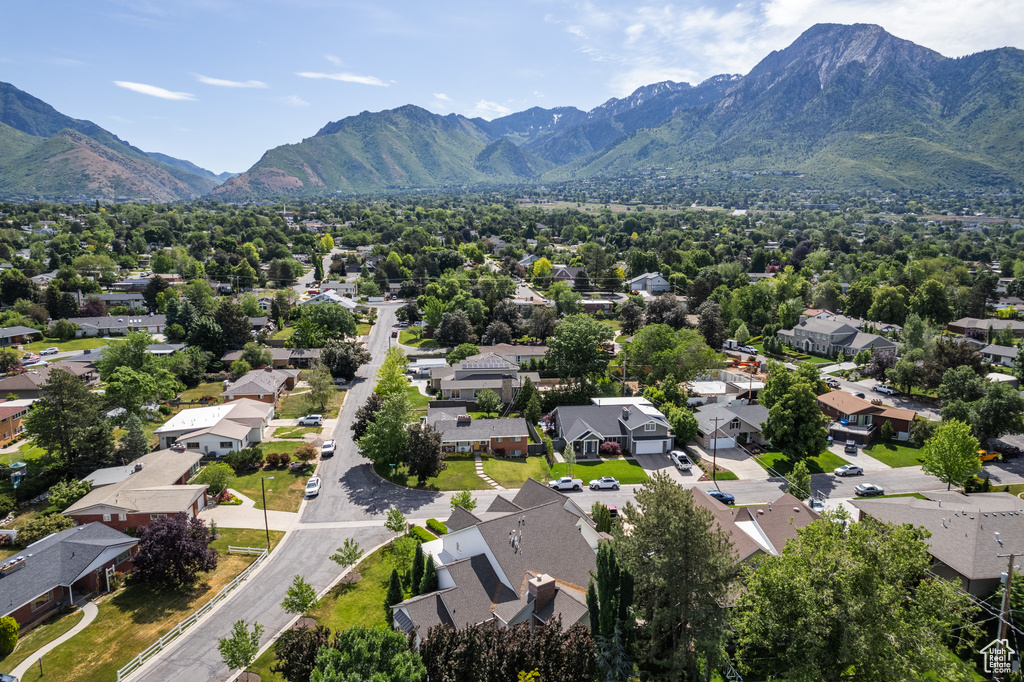 Aerial view of residential area with mountains