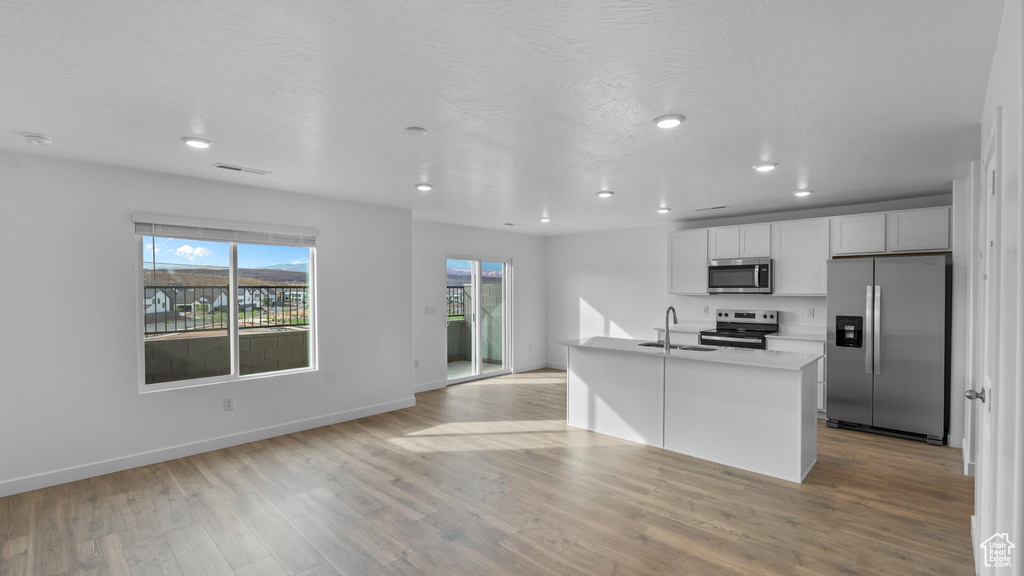 Kitchen featuring appliances with stainless steel finishes, a sink, light wood-style flooring, baseboards, and recessed lighting