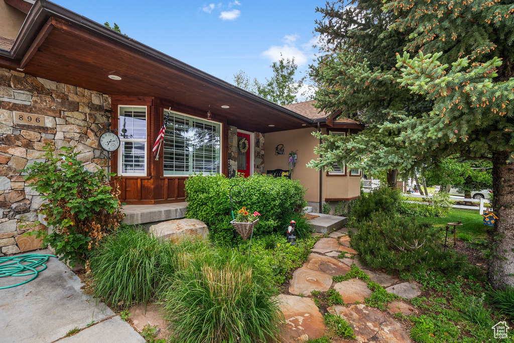 Doorway to property featuring stone siding, stucco siding, and a porch