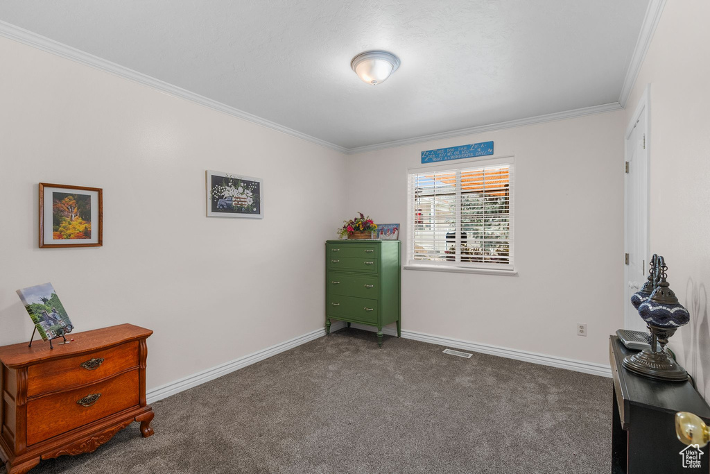 Carpeted bedroom with crown molding and baseboards