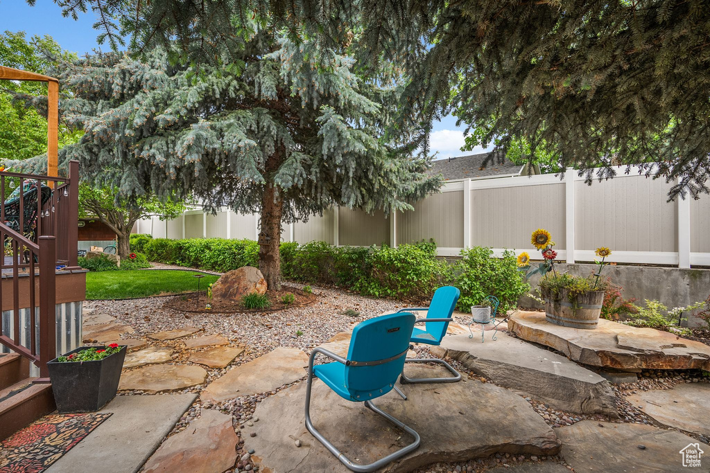 Fenced backyard with a patio area