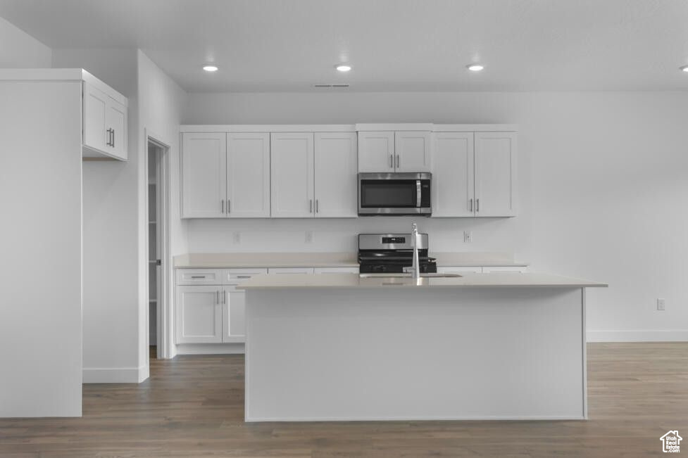 Kitchen featuring appliances with stainless steel finishes, a sink, light countertops, light wood-style floors, and recessed lighting