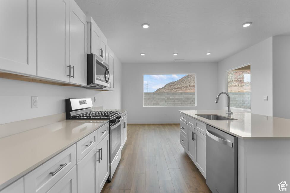 Kitchen with appliances with stainless steel finishes, a sink, wood finished floors, light countertops, and baseboards