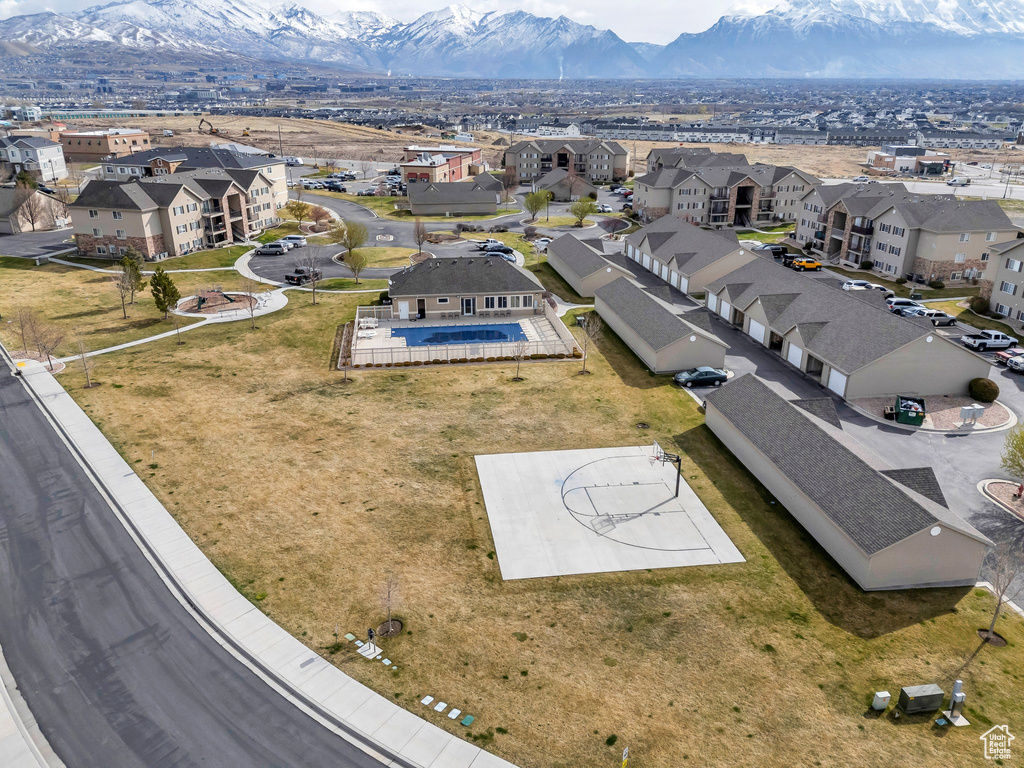 Aerial perspective of suburban area with mountains