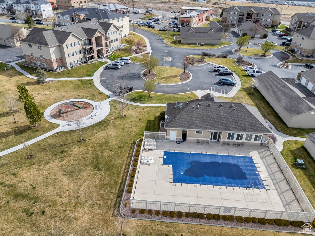Drone / aerial view of a pool