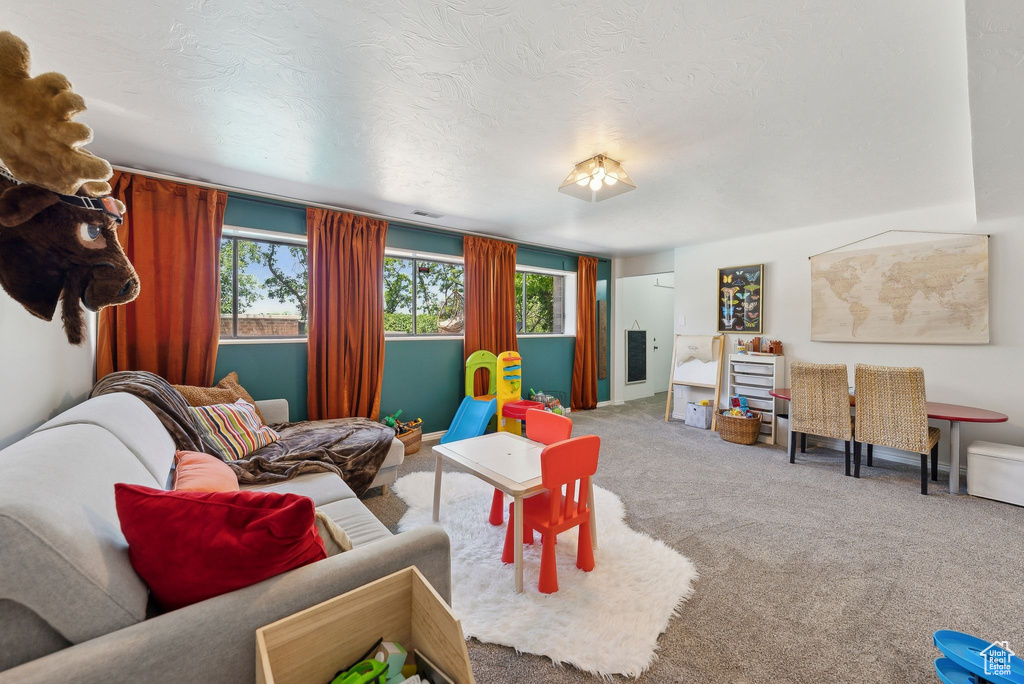 Carpeted living area with plenty of natural light and a textured ceiling