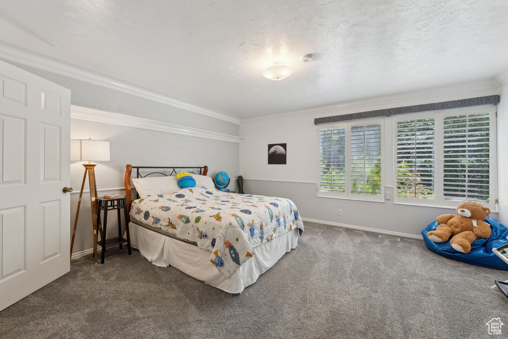 Carpeted bedroom with baseboards and crown molding