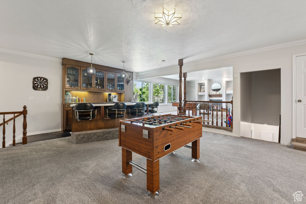 Recreation room with carpet, ornamental molding, and baseboards