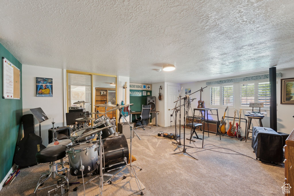 Playroom featuring carpet flooring, a textured ceiling, and a desk
