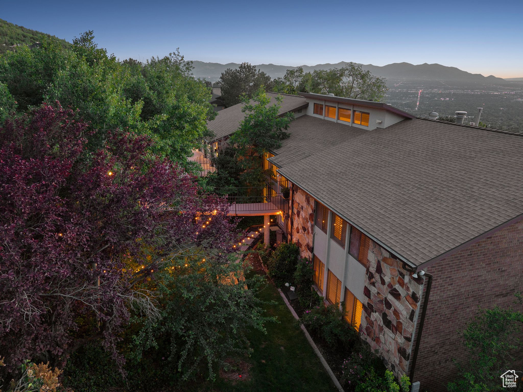 View from above of property featuring a mountain backdrop