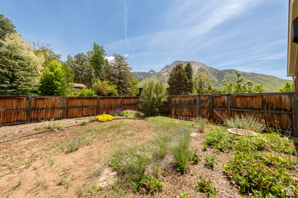 Fenced backyard featuring a mountain view