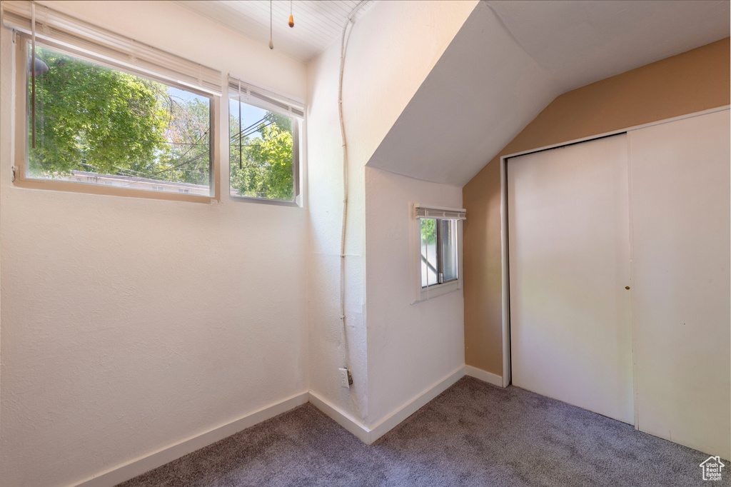 Unfurnished bedroom with carpet floors, multiple windows, a closet, and vaulted ceiling