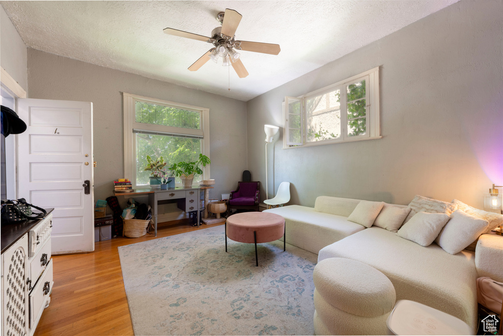 Living area with light wood finished floors and ceiling fan