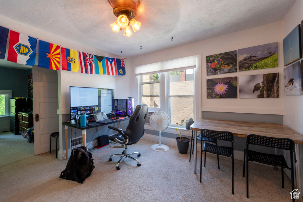 Carpeted office featuring ceiling fan