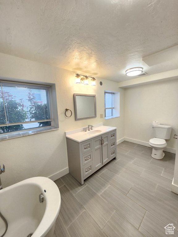 Full bathroom featuring vanity, a bath, toilet, baseboards, and a textured ceiling