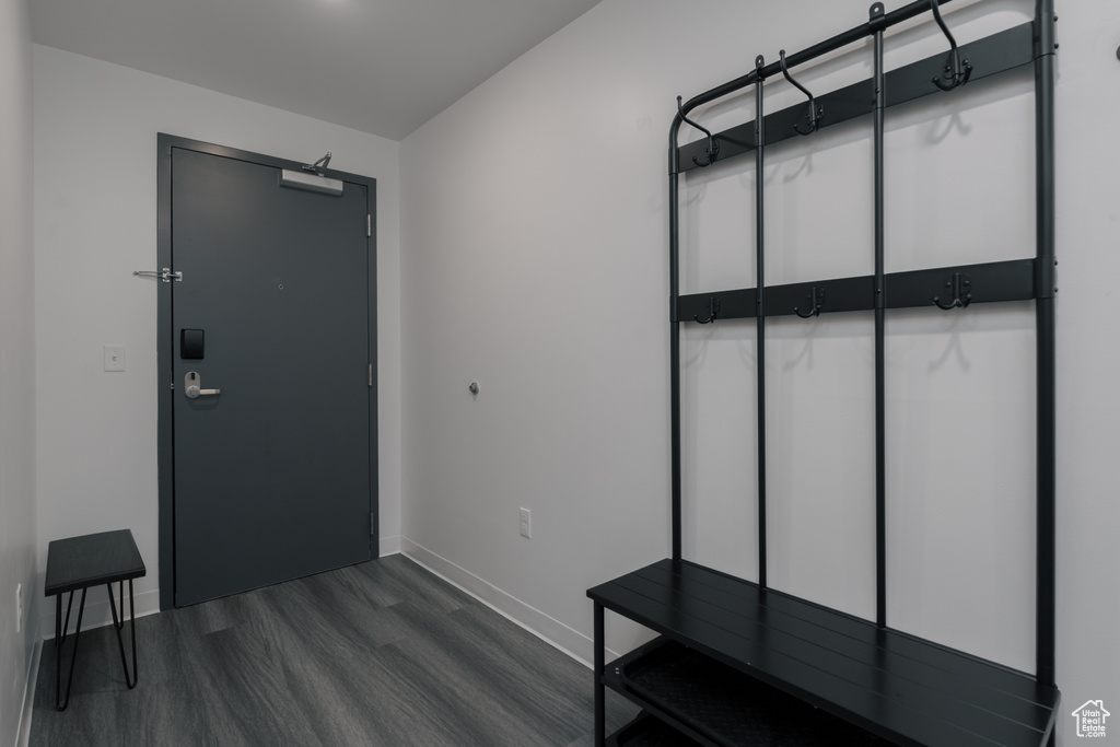 Mudroom featuring baseboards and dark wood-style flooring