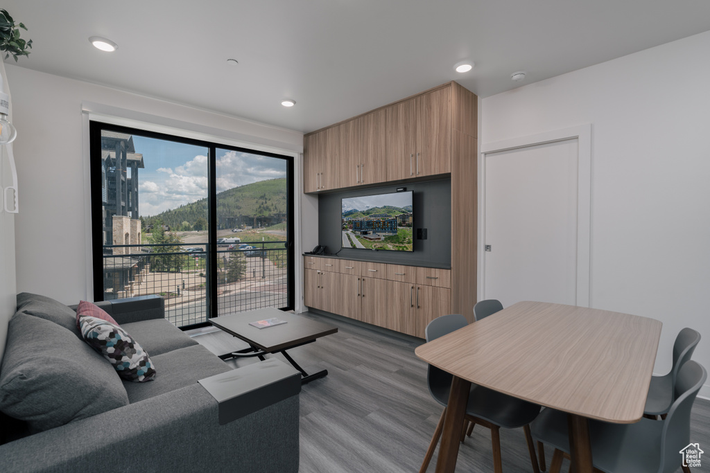 Living area featuring wood finished floors and recessed lighting