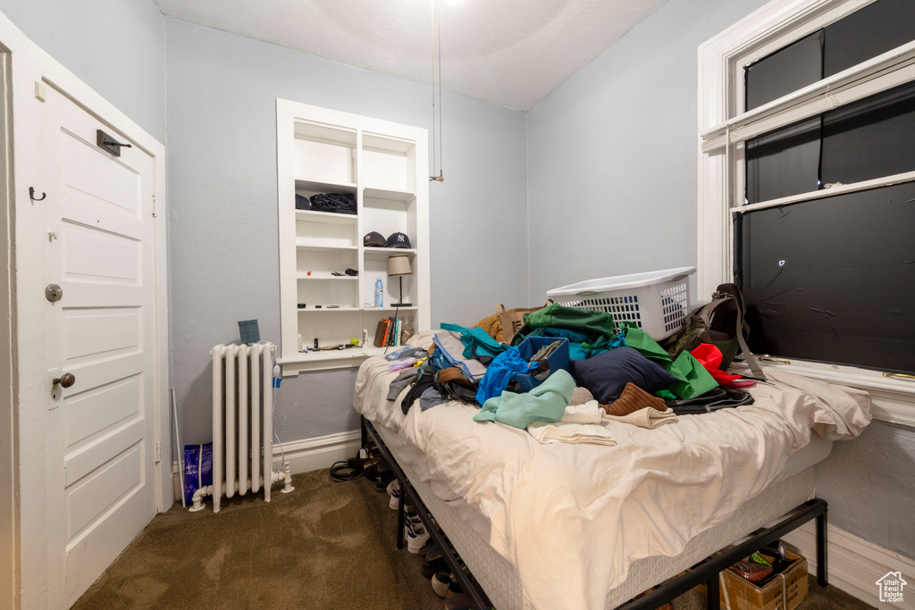 Carpeted bedroom with radiator heating unit and baseboards