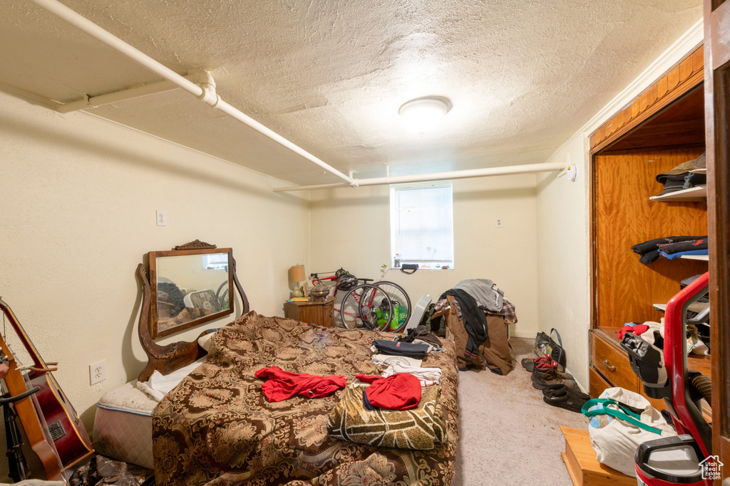 Carpeted bedroom with a textured ceiling
