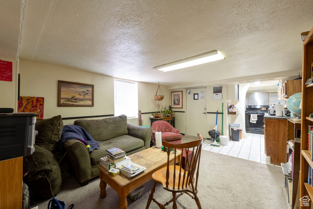 Living room featuring a textured ceiling, light carpet, and light tile patterned flooring