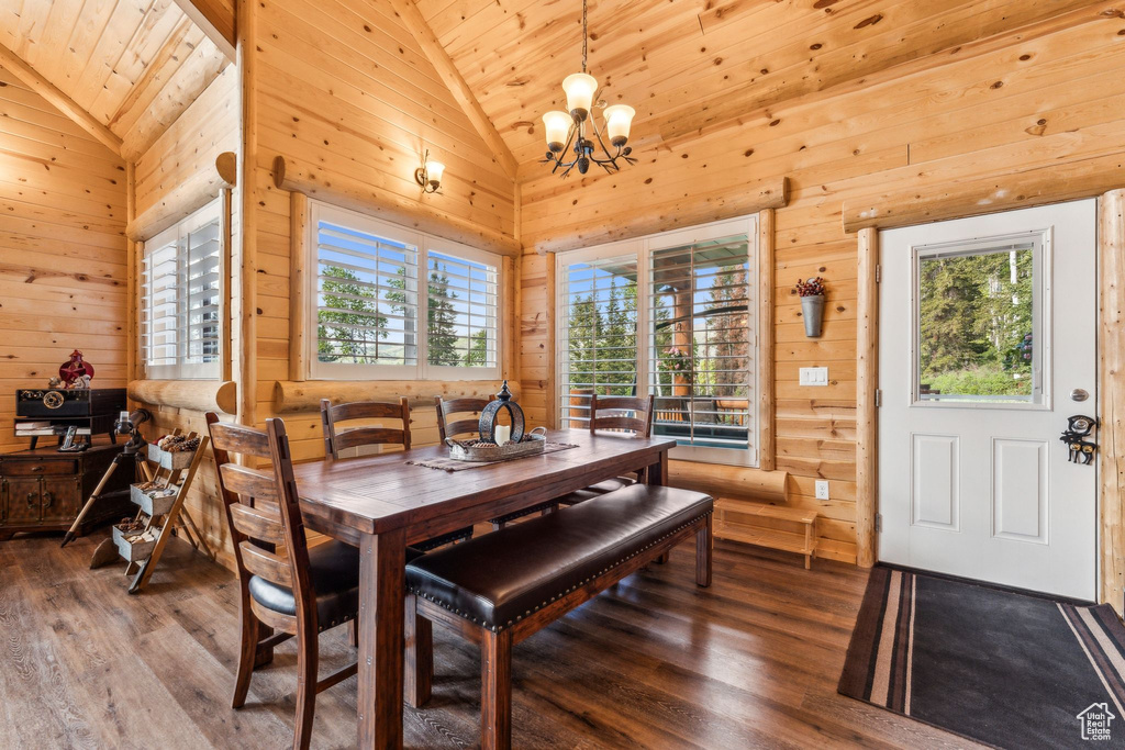 Dining area with vaulted ceiling, wood ceiling, a chandelier, wood finished floors, and wooden walls