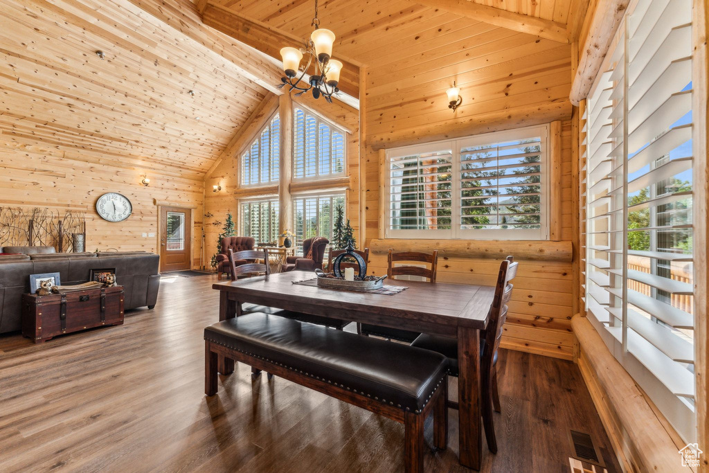 Dining area featuring wood ceiling, wood walls, a chandelier, high vaulted ceiling, and wood finished floors