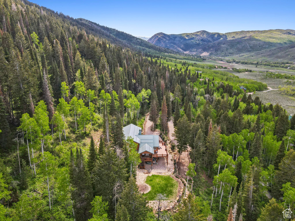 View from above of property with a forest and a mountainous background